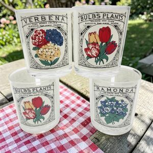 4 Vintage 70s H J Stotter Acrylic Tumblers Retro Seed Packet Patio Poolside 16oz